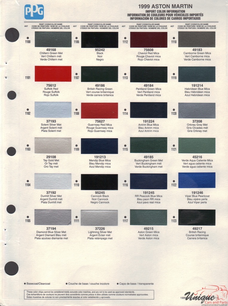 1999 Aston-Martin Paint Charts PPG 1